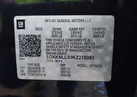 2019 GMC Acadia Sle-2 from USA, damaged, VIN 1GKKNLLS9KZ278083